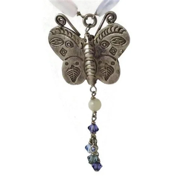 Sterling Butterfly Necklace Regencycore Blue Agate Mariposa Fantasy - Picture 5 of 8
